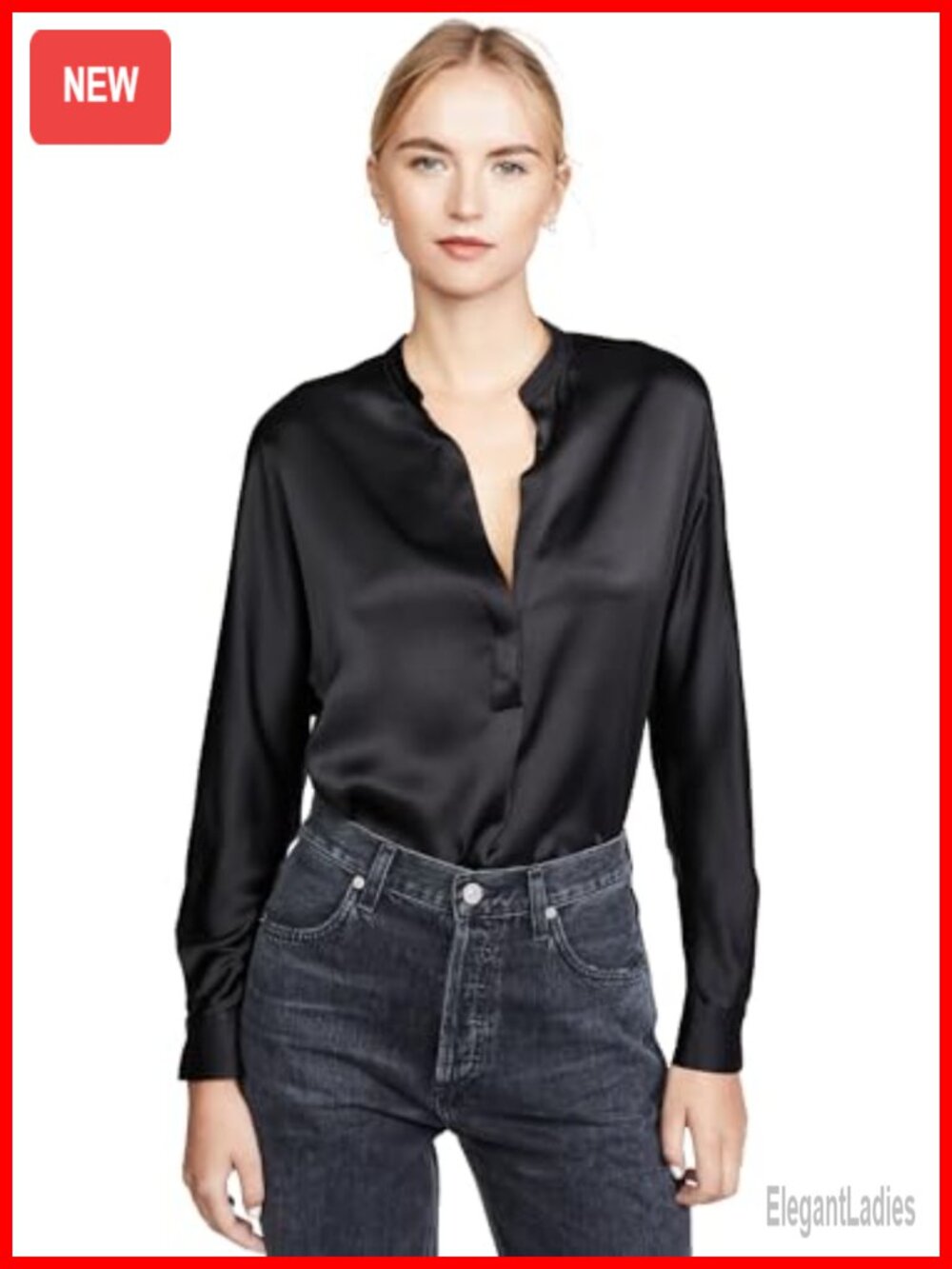 Satin Popover Blouse with Band Collar Split Neck Long Sleeves